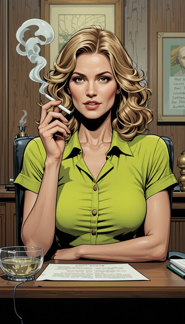 Serious blonde woman smoking at a desk in lime blouse