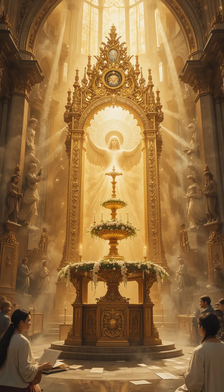 Golden monstrance with holy eucharist glowing inside a cathedral