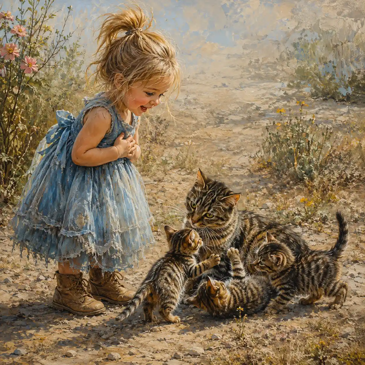 Little girl watching playful tabby cats in a field