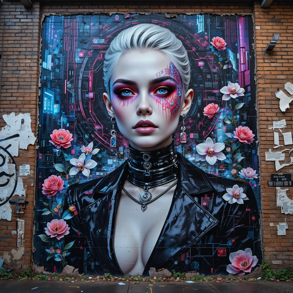 Cyberpunk fashion mural of a woman on brick wall