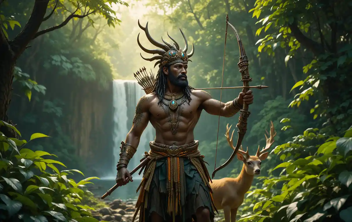 Forest hunter with bow beside deer and hidden waterfall