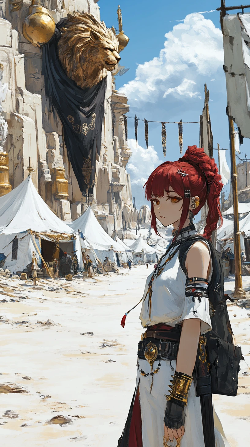 Anime girl in a tented desert camp with ancient statue