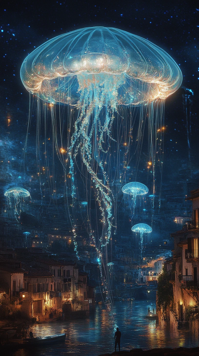 Giant Jellyfish Parasol Floating Above A Quiet Seaside Village