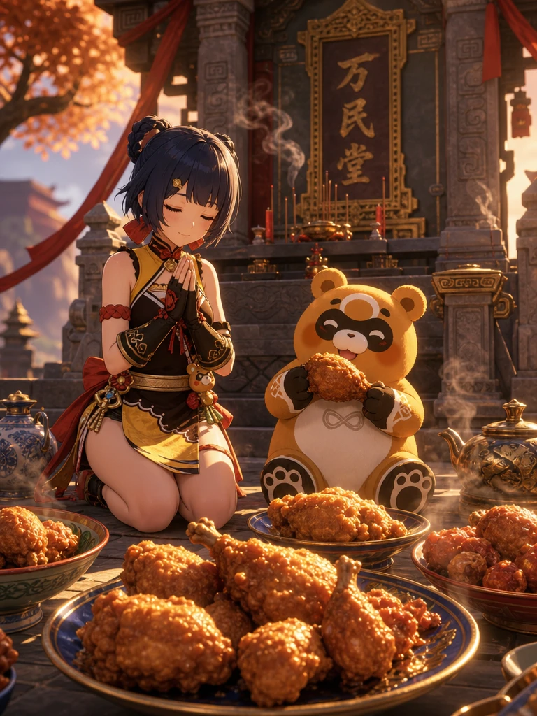 Anime chef praying at shrine with fried chicken offerings