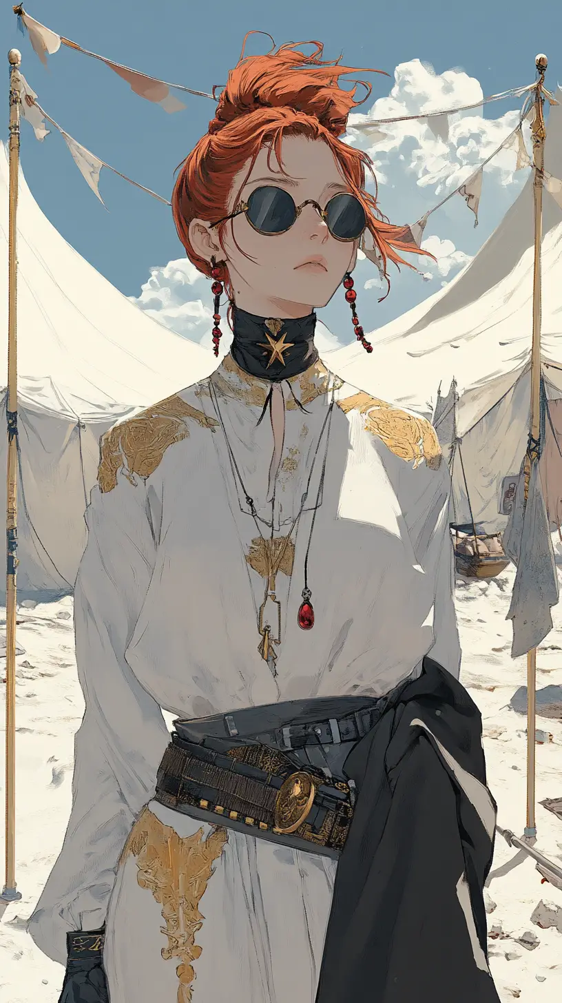 Anime girl in a white desert camp of colorful tents