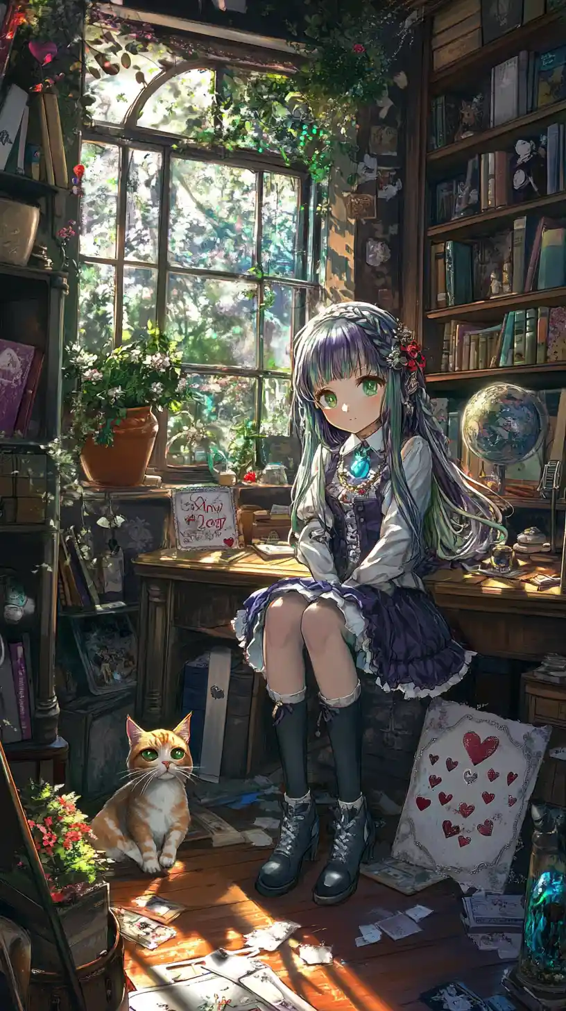 Anime girl at a cluttered desk in a cozy room