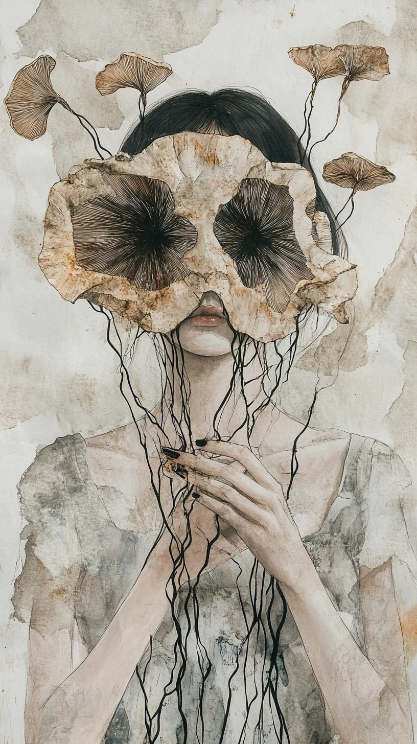 Melancholic girl with fungal mask and drifting glowing spores
