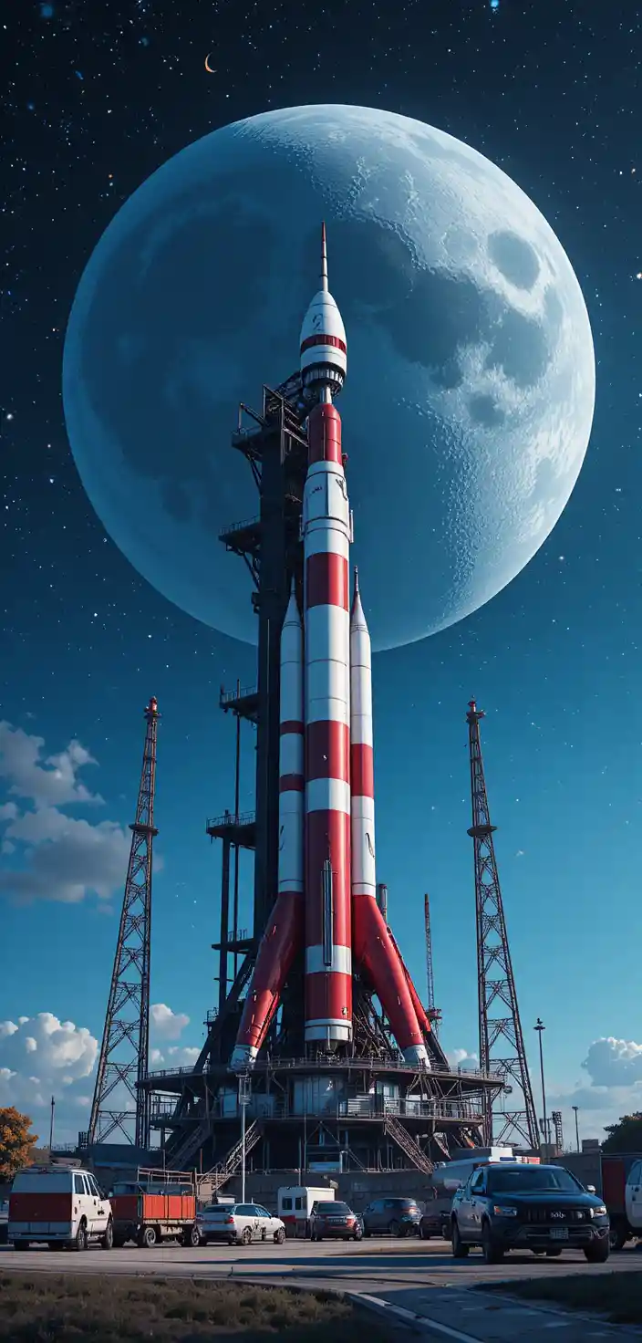 Futuristic rocket launchpad beneath a vast starry sky
