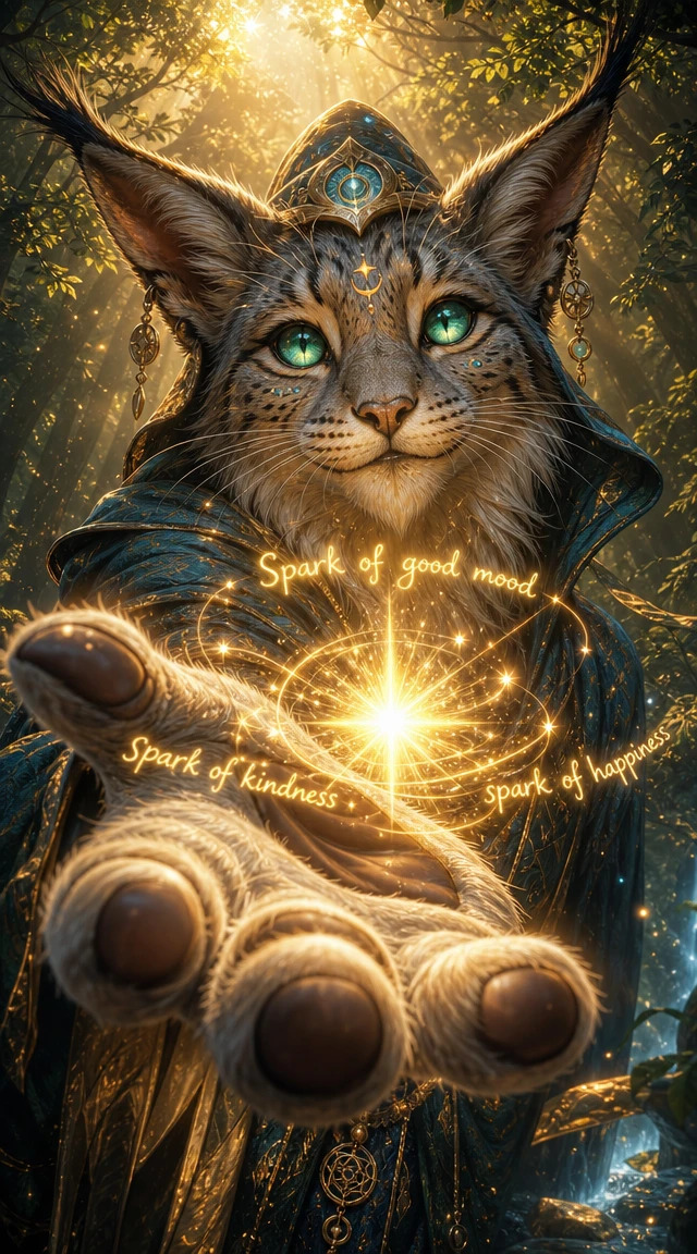 Fantasy lynx sorcerer offering a glowing spark of joy