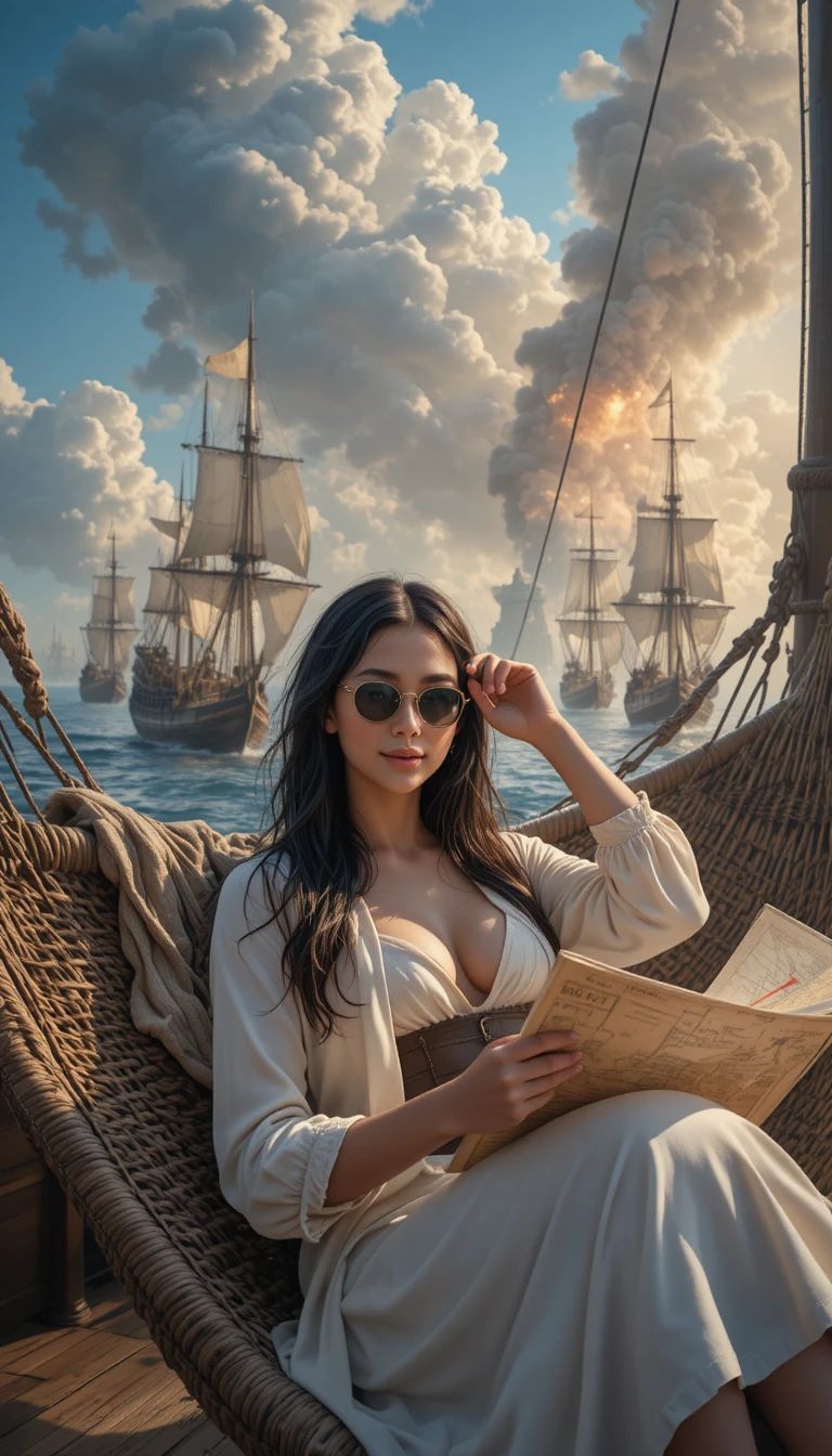 Brunette woman relaxing on a hammock aboard a sailing ship