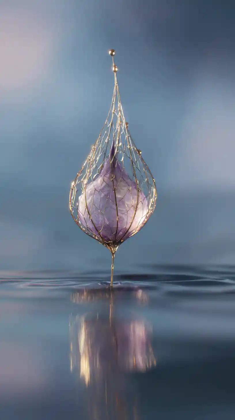 Majestic Frozen Droplet Suspended Above Reflective Water