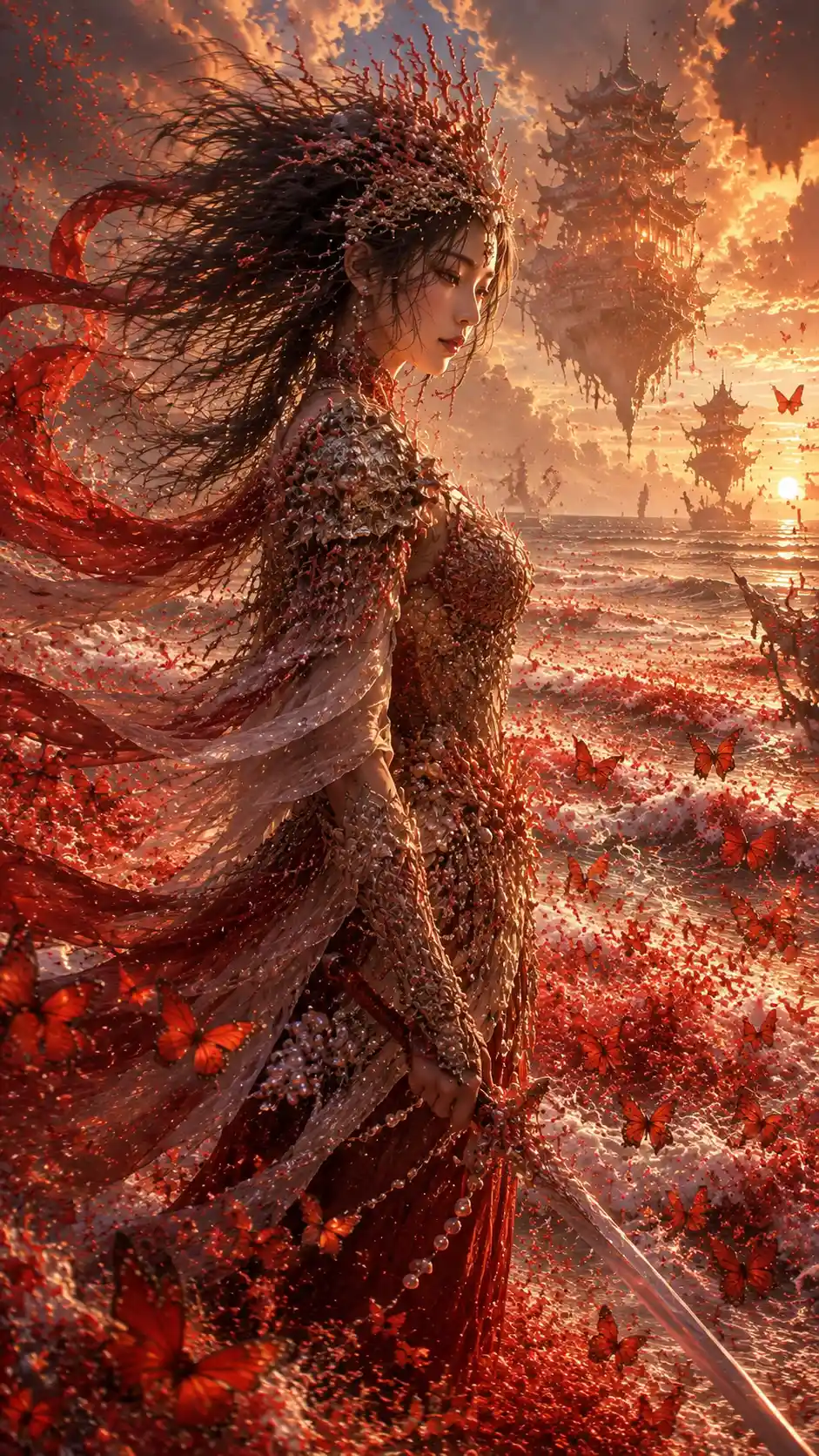 Warrior priestess crossing a sunset shore of scarlet butterflies