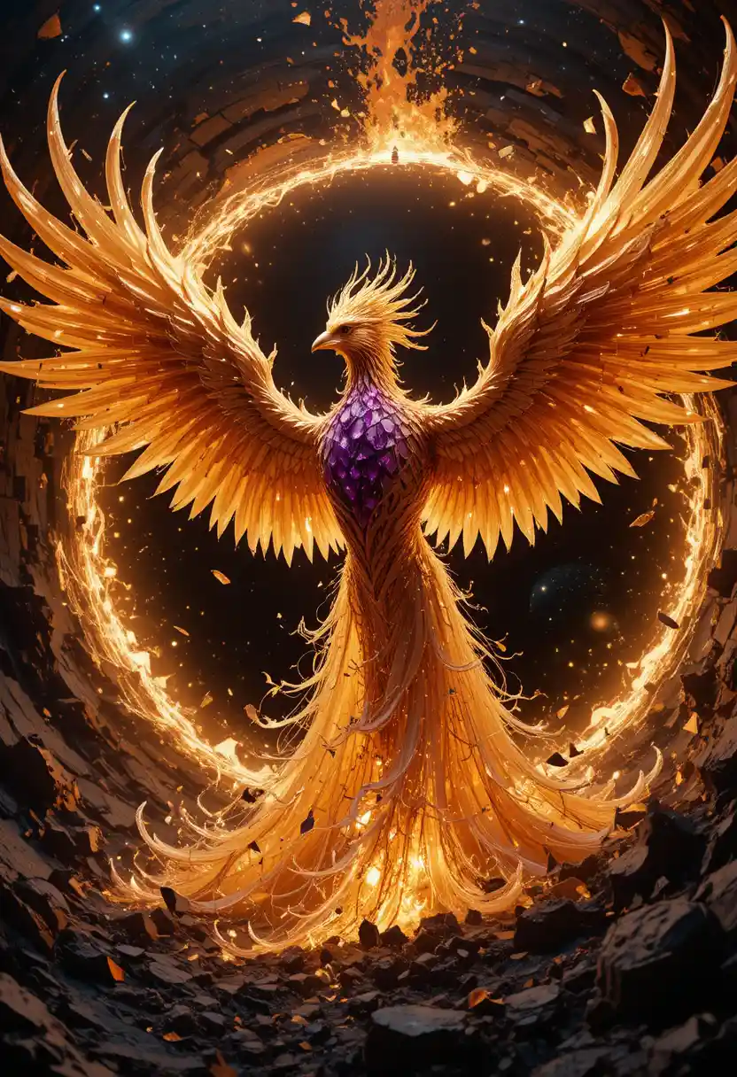 Regal phoenix erupting from a fractured cosmic void