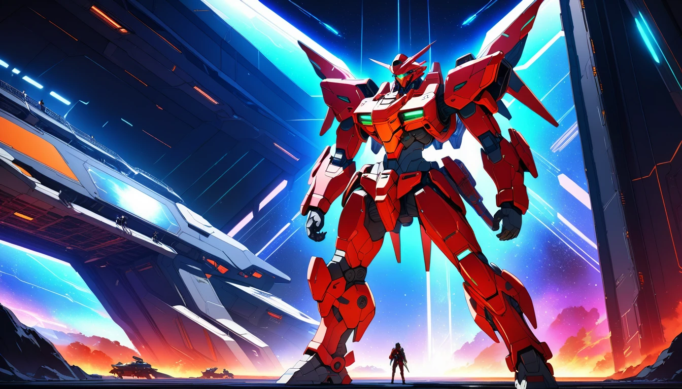 Anime mecha pilot before giant robot in futuristic hangar
