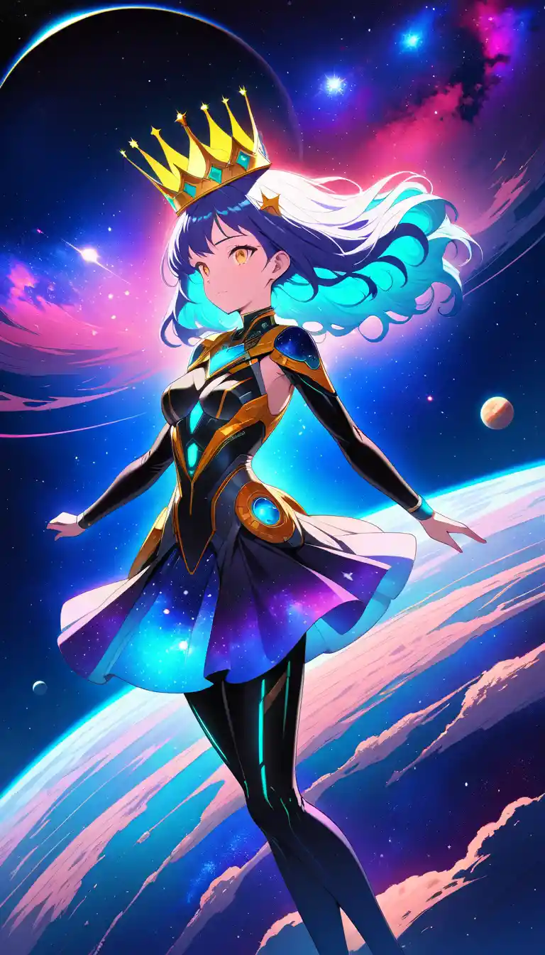 Anime empress floating in a star filled cosmic space