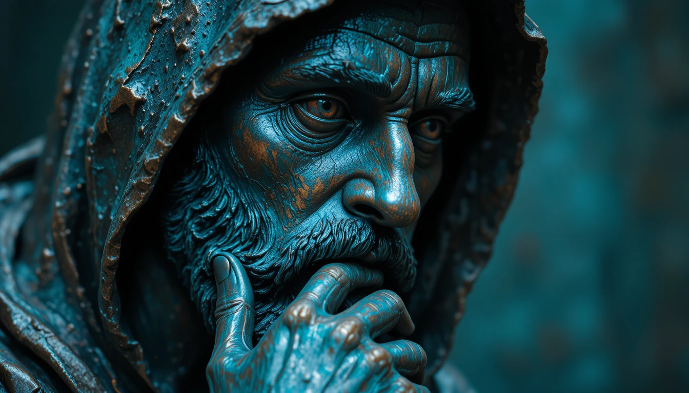 Hooded bronze statue portrait of a contemplative bearded man