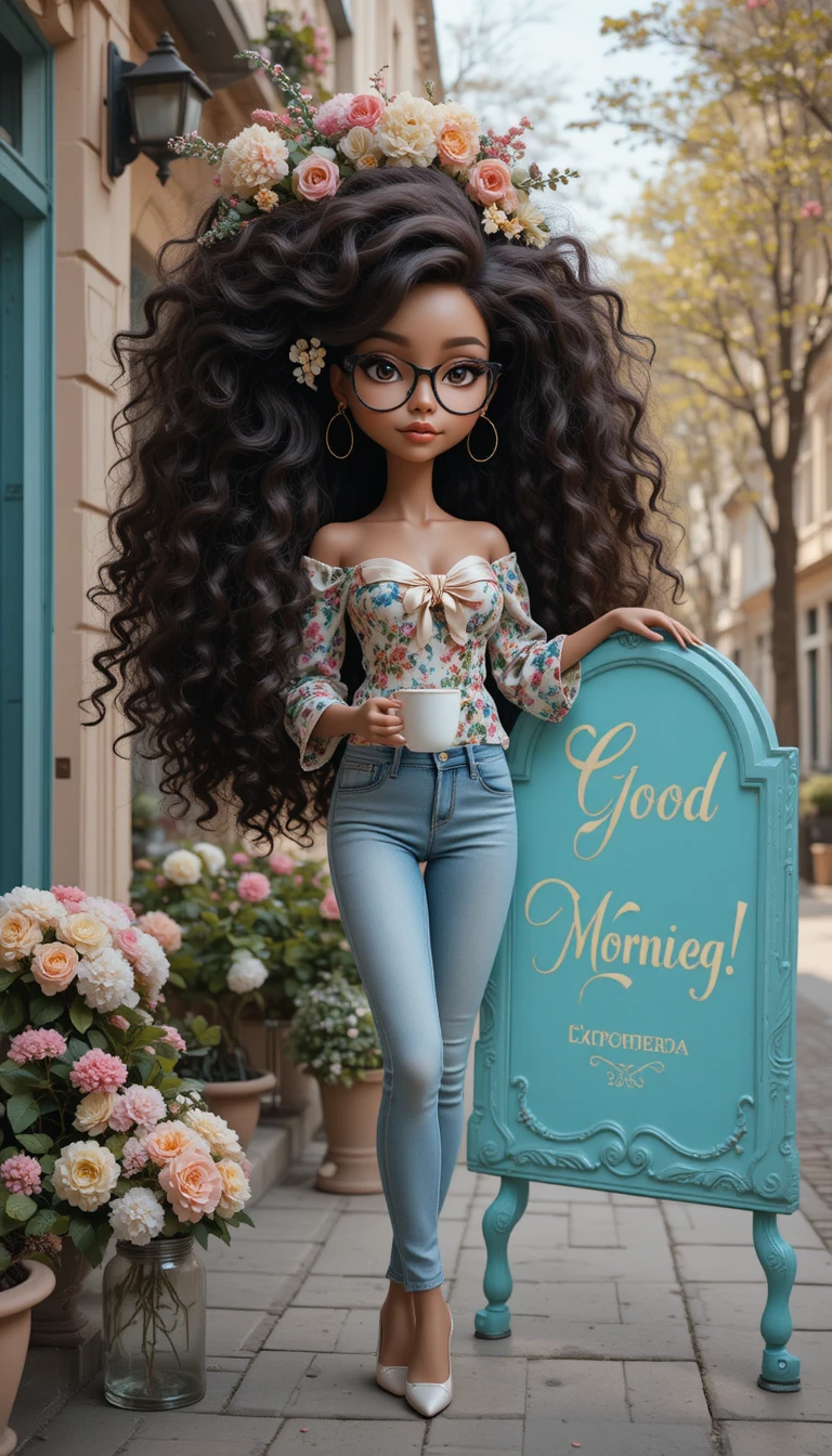 Stylized doll like woman with voluminous curls and vintage sign