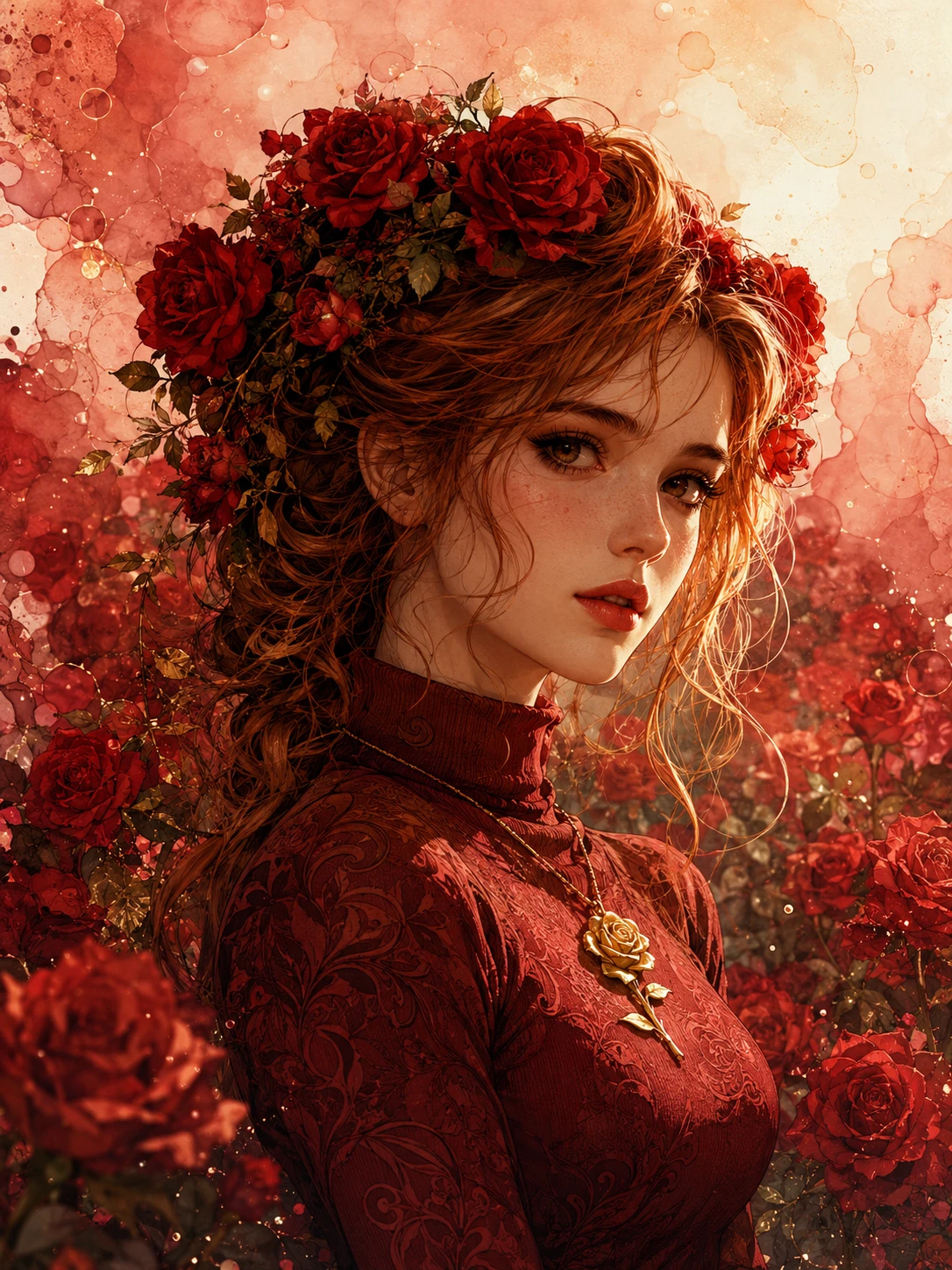 Girl with rose crown in vibrant semi realistic illustration