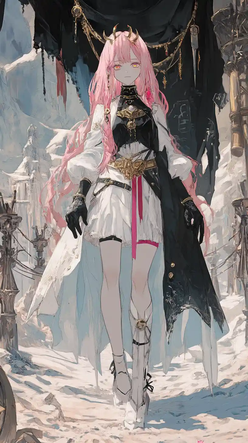 Anime girl in a fantasy desert camp with ancient statue