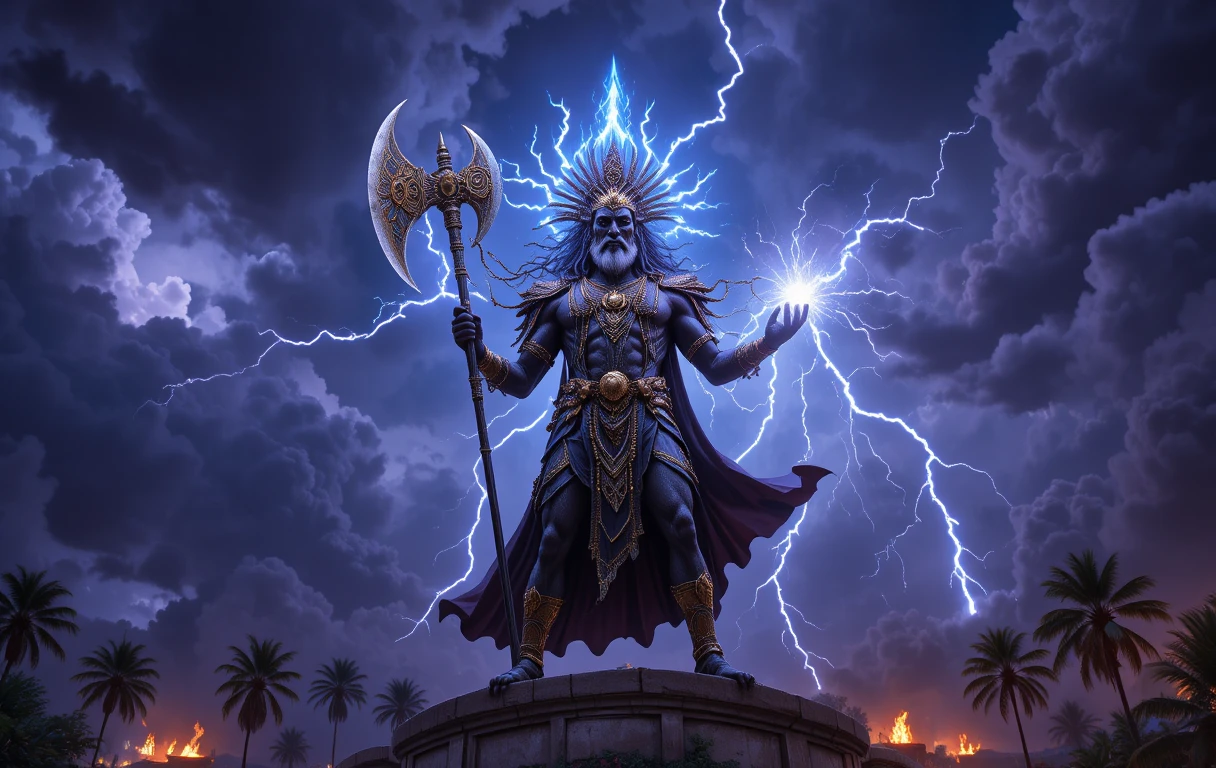 Thunder god on palace wall under raging storm