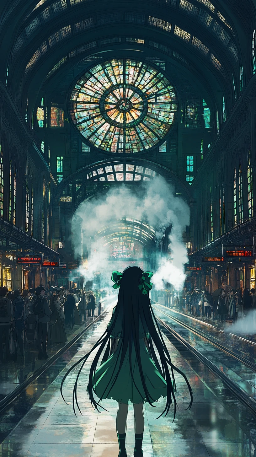 Fille d’anime dans une gare fantastique aux vitraux colorés