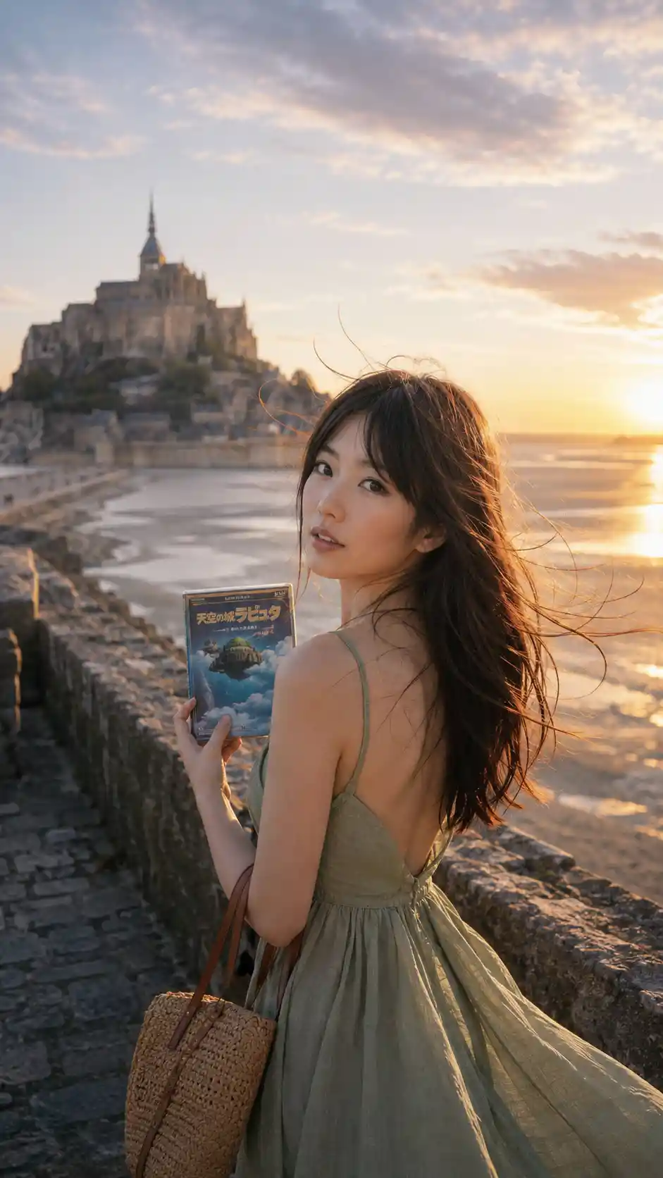 Young woman at Mont Saint Michel with anime dvd at sunset