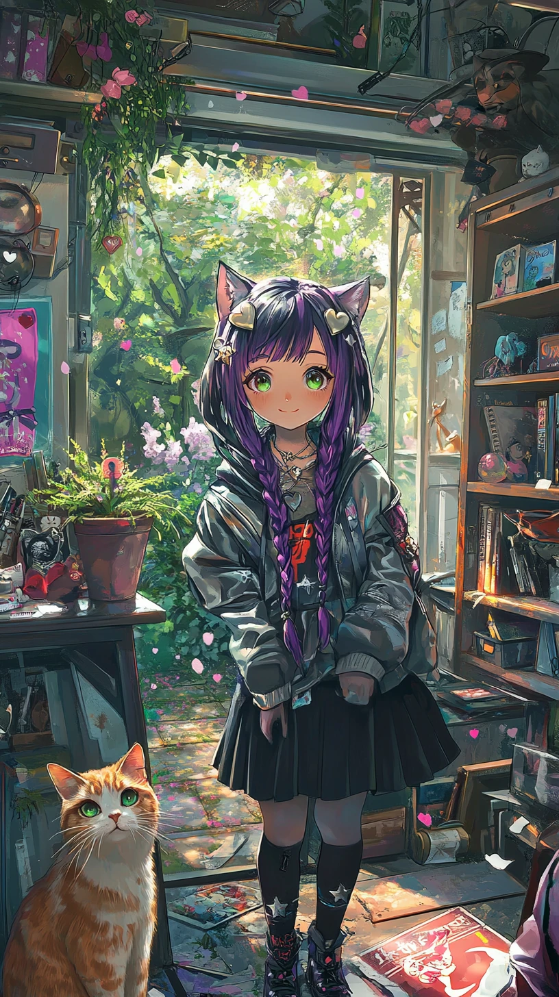 Anime girl in a cozy study room with garden view