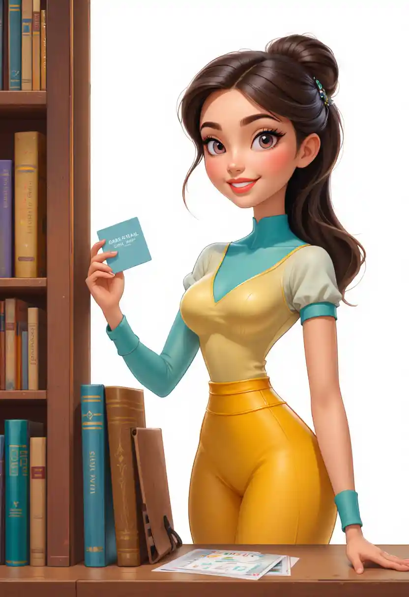 Young woman sliding a card between colorful books
