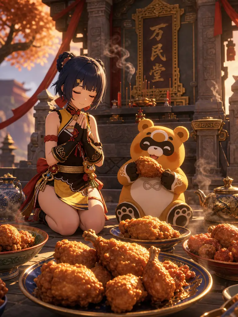 フライドチキンのお供え物で祈るアニメ風シェフ