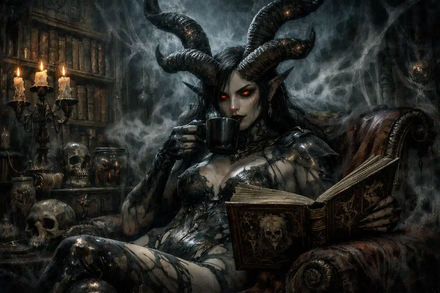 Horned demon woman reading in a gothic library