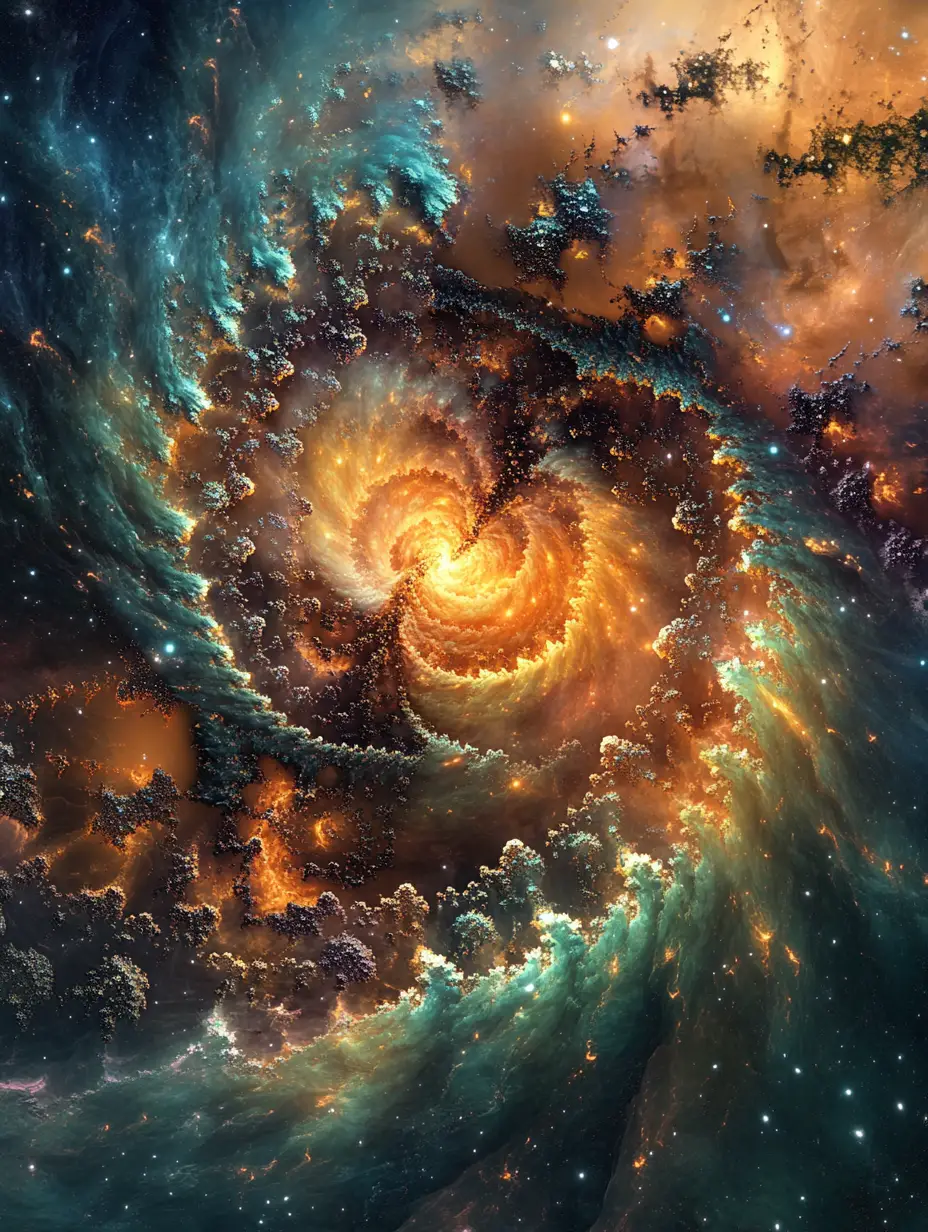 Iridescent fractal vortex swirling in a living cosmic nebula