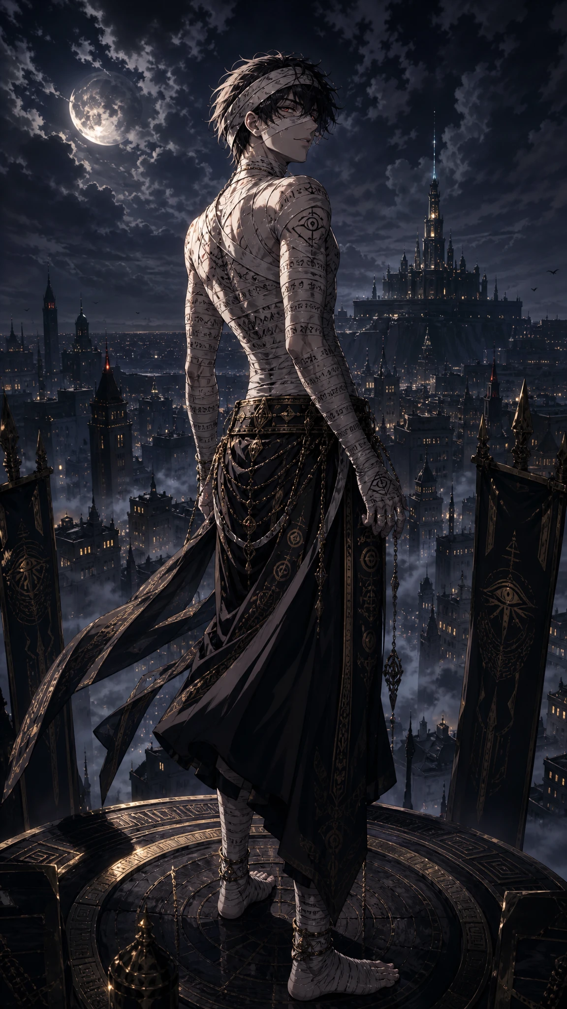 Bandaged anime man above a misty nocturnal cityscape