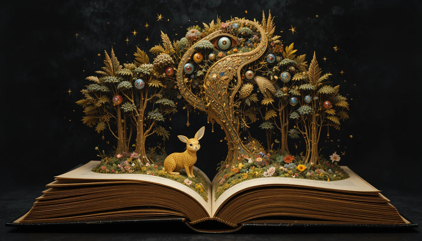 Giant rabbit emerging from a magical forest book