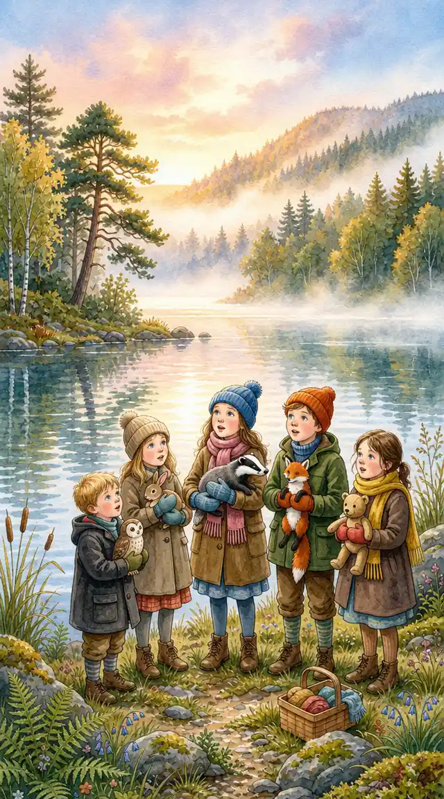 Children offering plush animals by a misty dawn lake