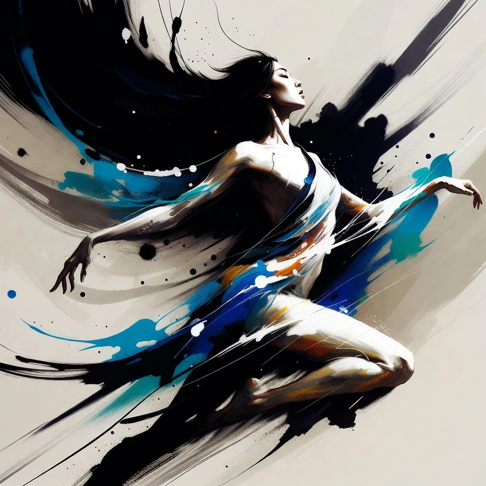 Chinese woman dancing with flowing ink and vibrant light