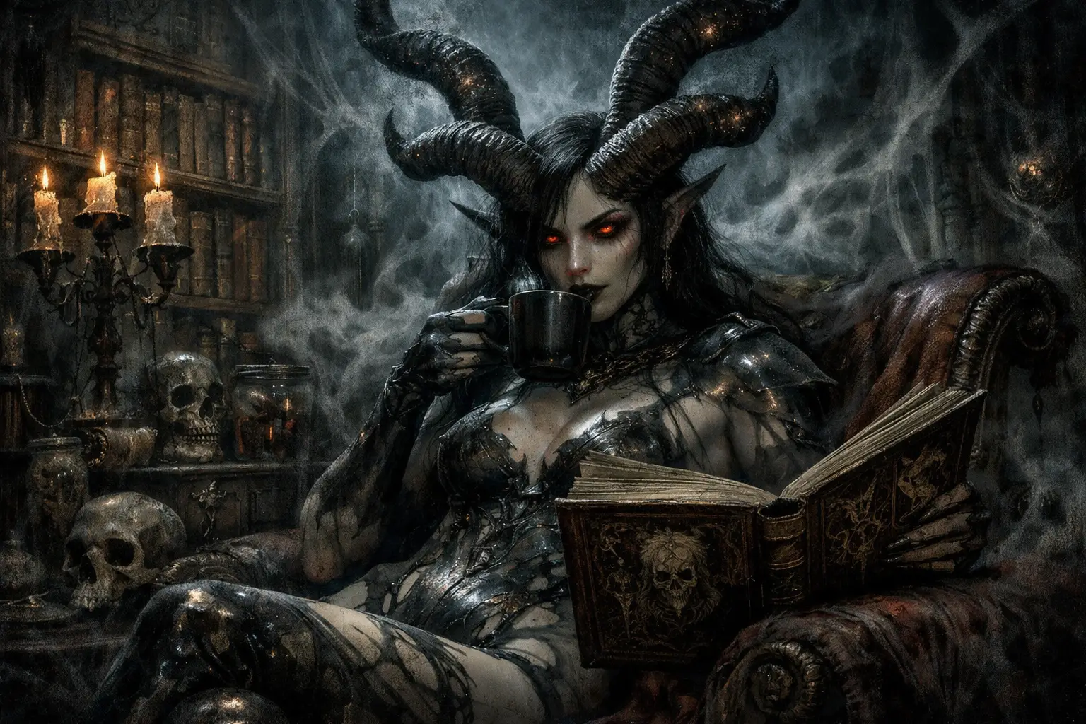 Horned demon woman reading in a gothic library