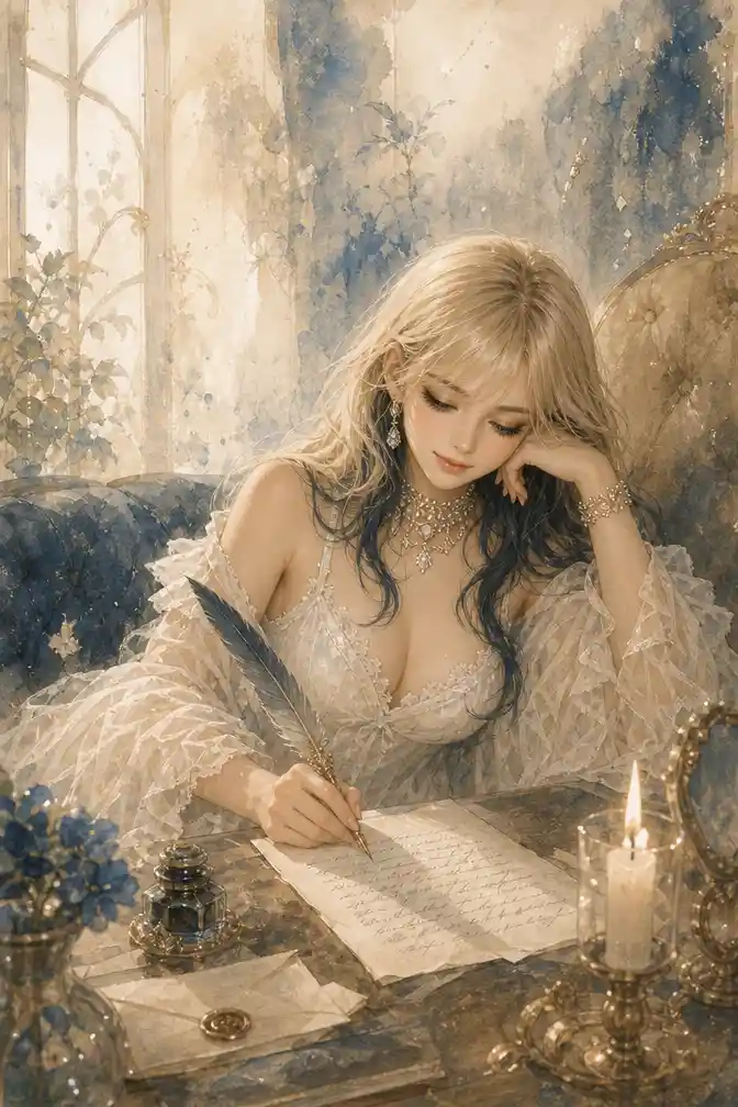 Romantisches Mädchen schreibt einen Brief an ihrem gemütlichen Schreibtisch zu Hause