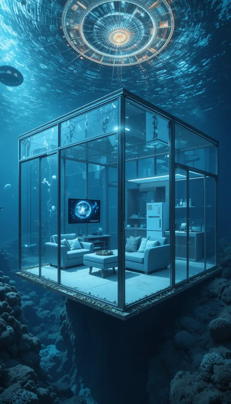 Underwater glass building interior with modern home furnishings