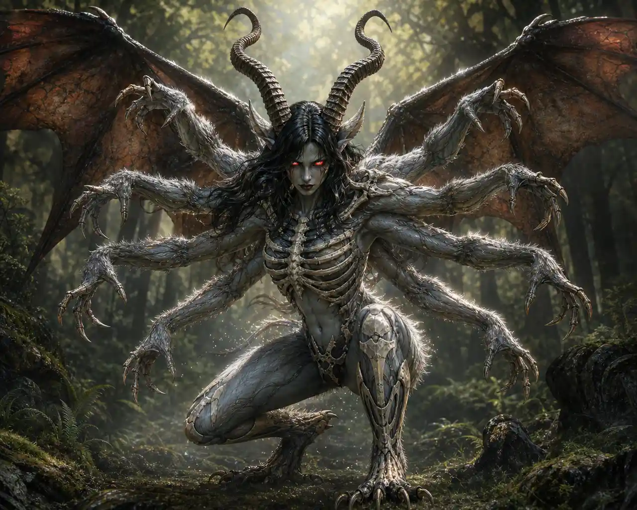 Menacing werewolf heroine landing in an enchanted forest