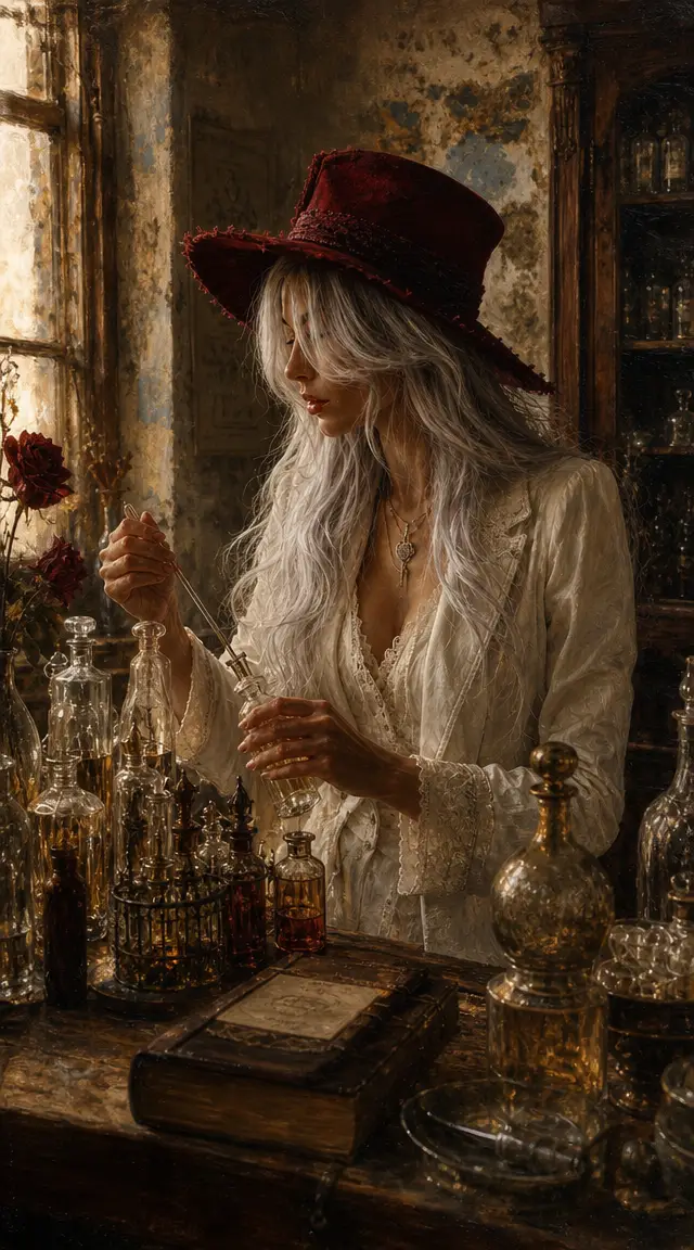 Geheimnisvolle Frau, die in einer Vintage-Apotheke Parfums kreiert