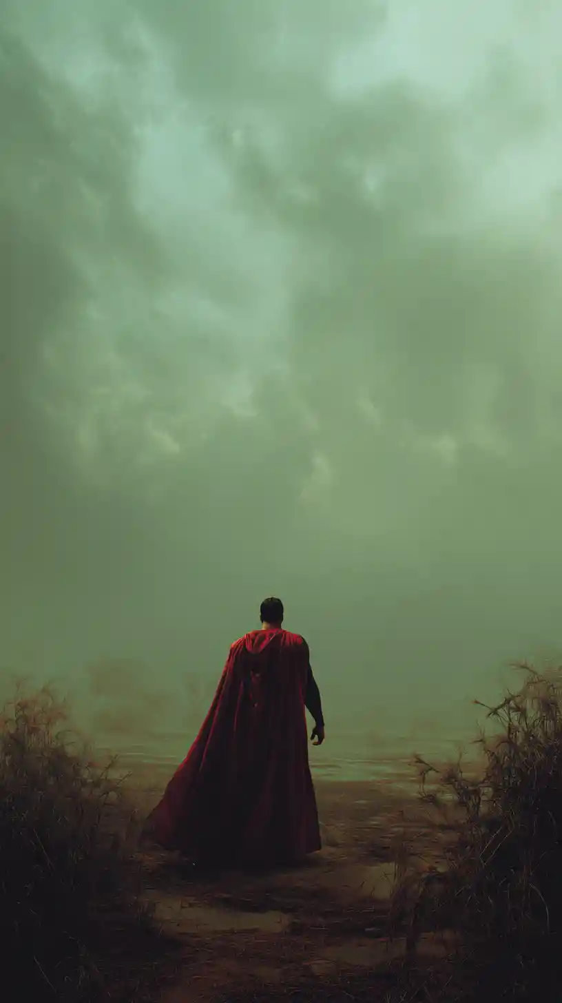 Faceless man standing alone in a desolate oasis