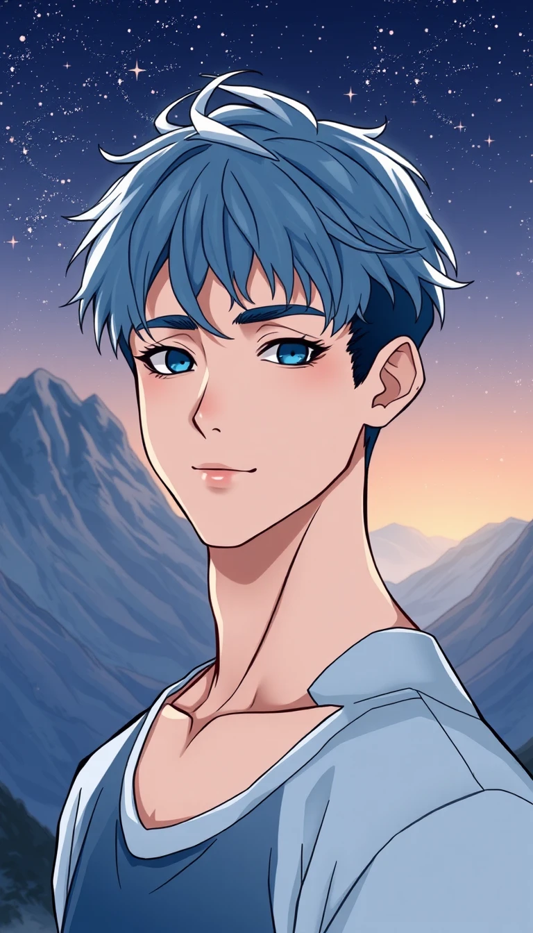 Serene blue haired young man under a starry mountain sky