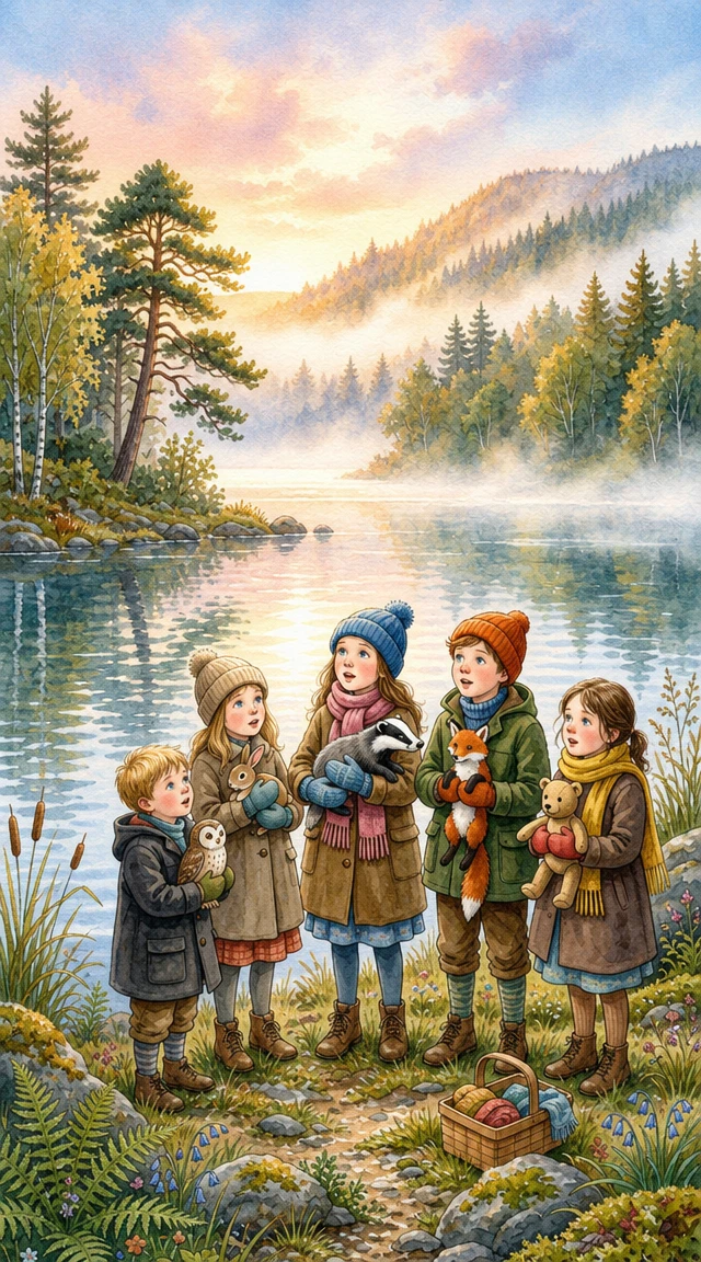 Children offering plush animals by a misty dawn lake