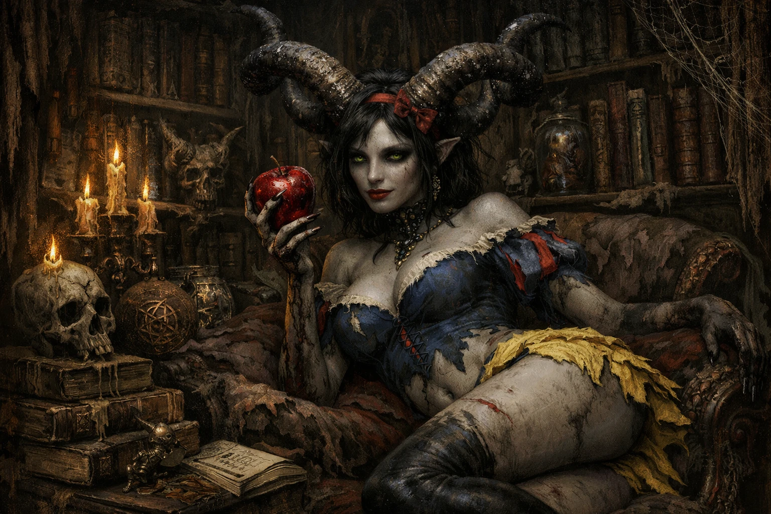 Demone donna con corna in biblioteca gotica con mela