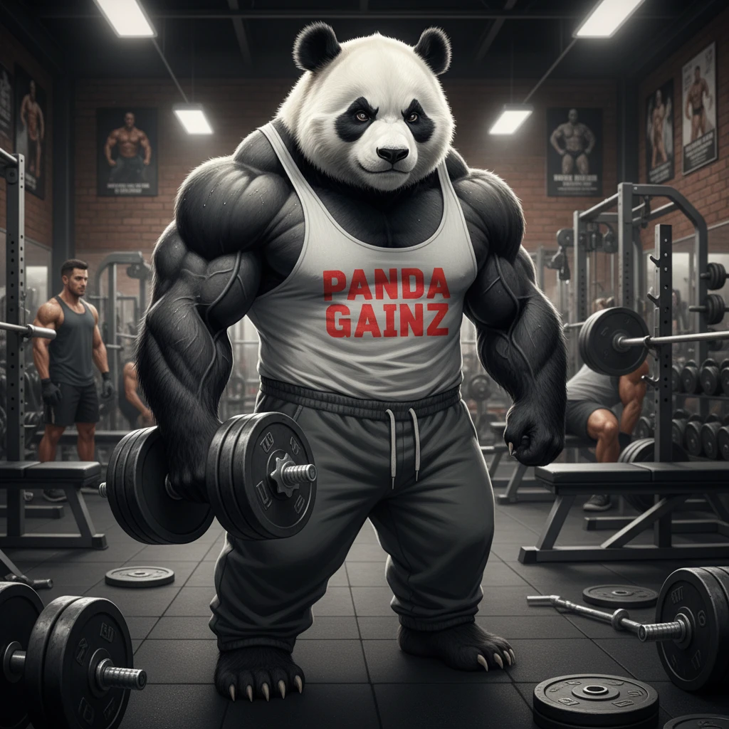 Muscular panda flexing with dumbbell in weightlifting gym