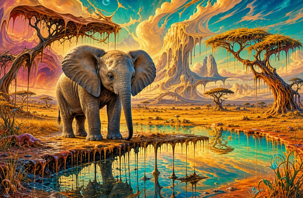 Surreal baby elephant by a melting savanna watering hole