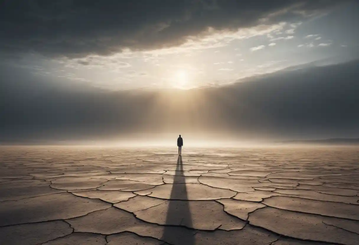 Solitary figure at the edge of a vast grey wasteland