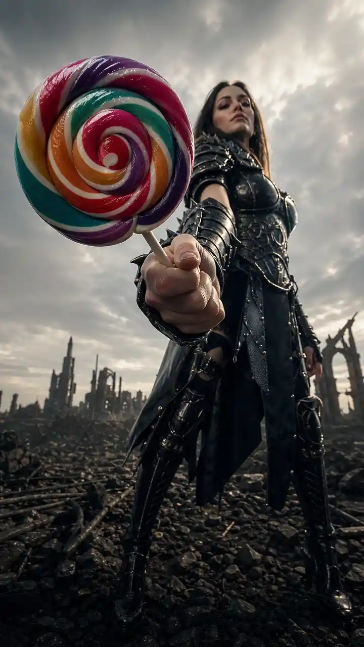 Confident female warrior with lollipop in apocalyptic wasteland