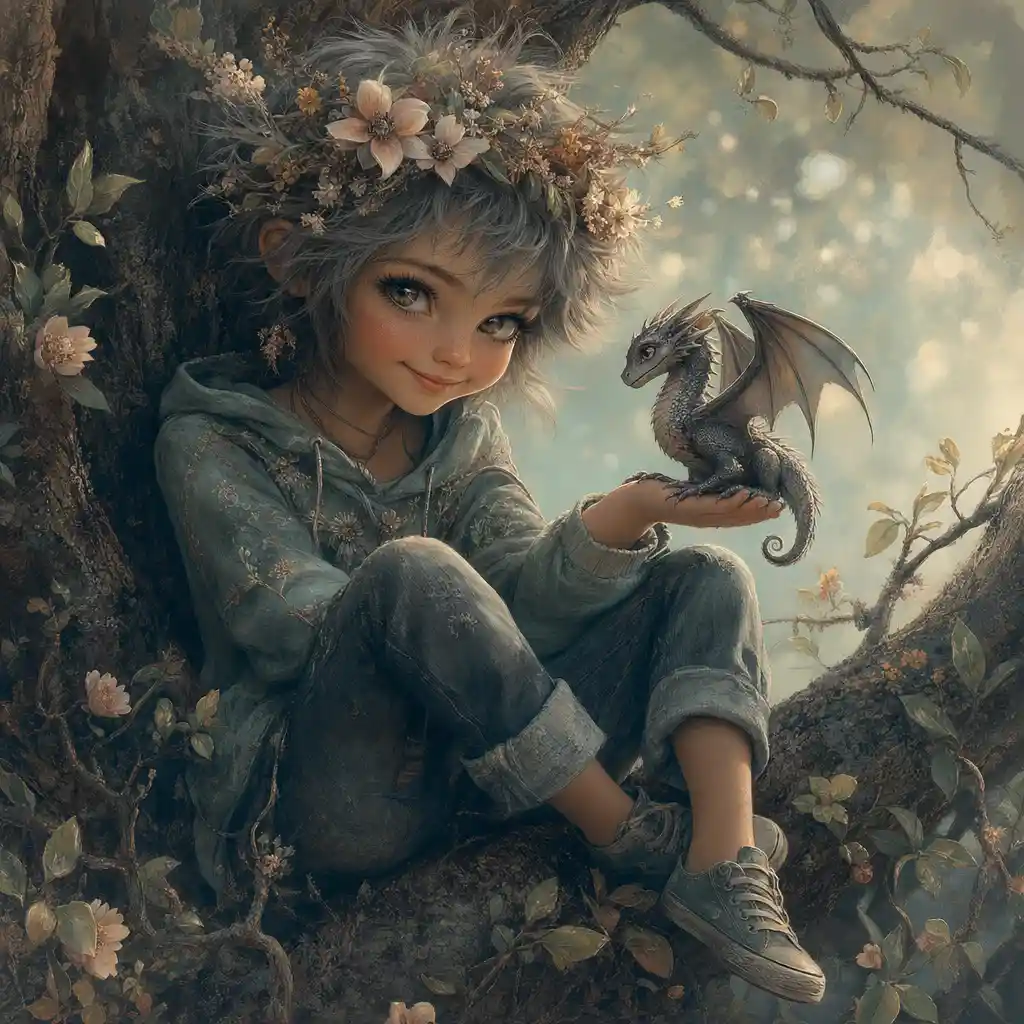 Mischievous girl with little dragon sitting high in a tree