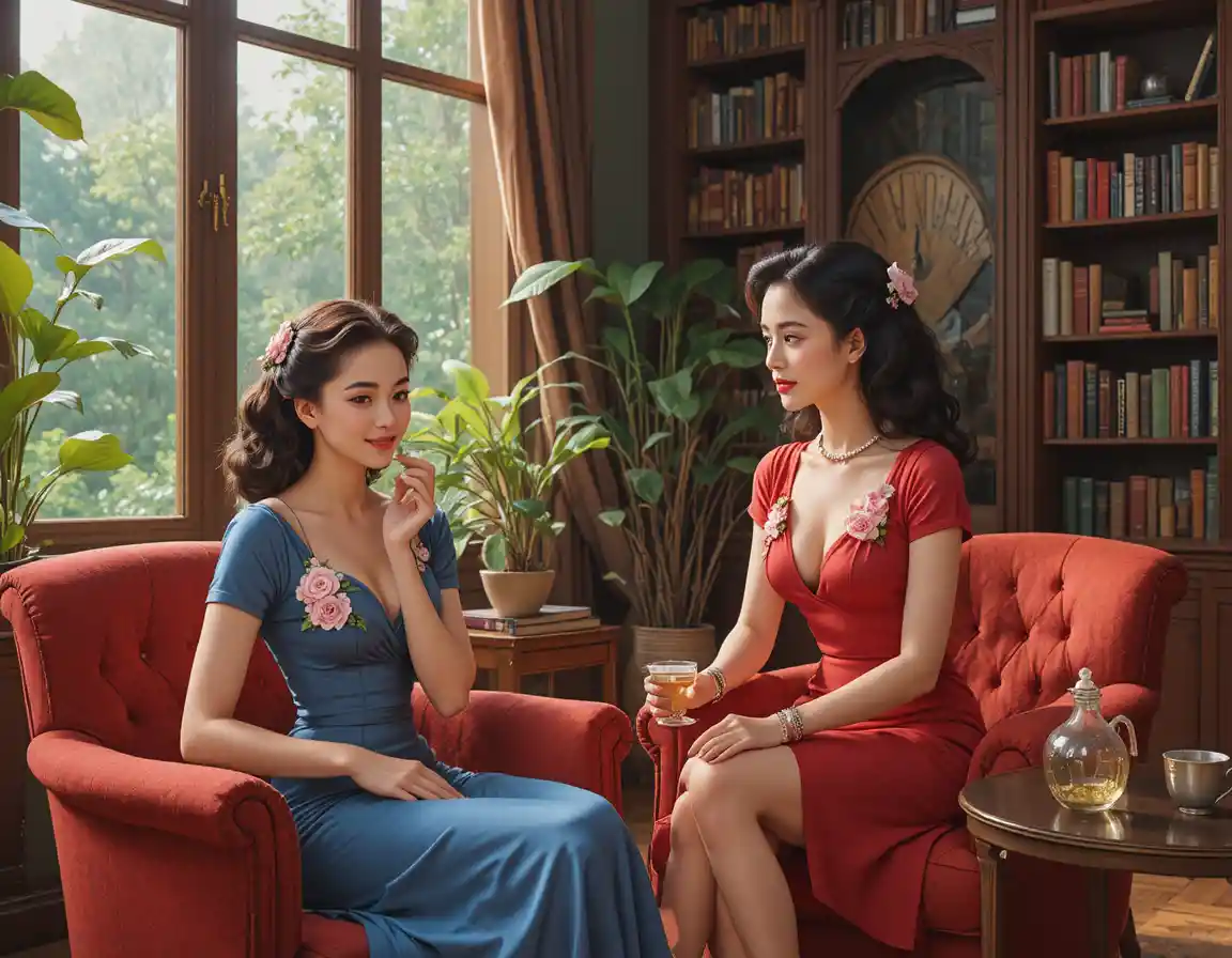 Elegant 1940s women sharing tea in a cozy living room